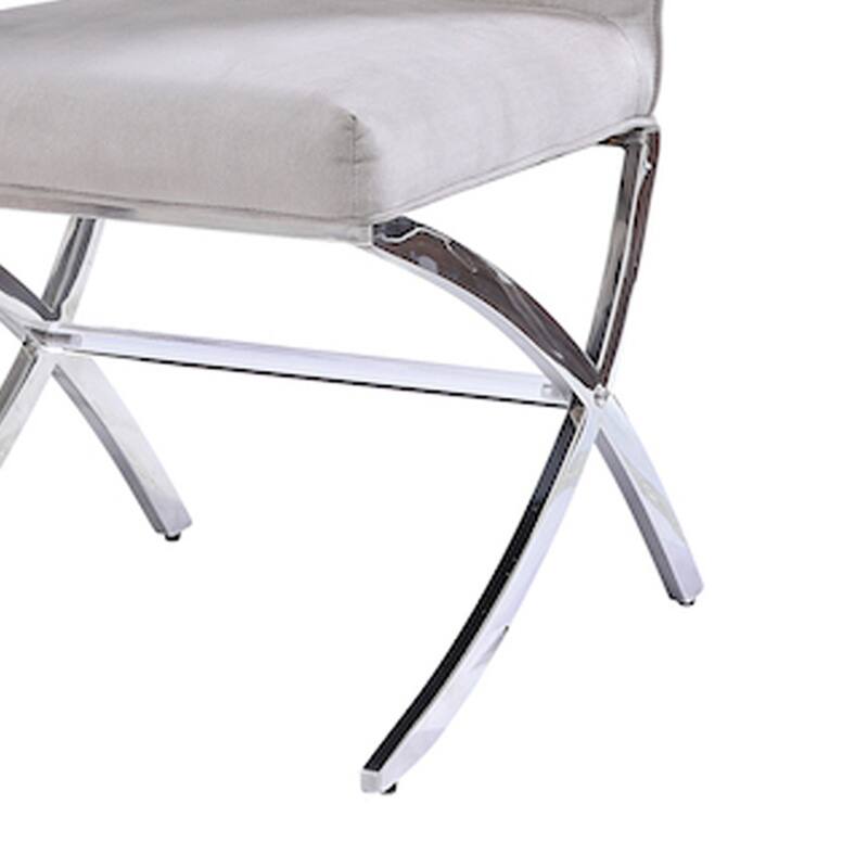 Velvet Upholstered Metal Side Chair with X Style Base, Light Gray and Silver, Set of Two