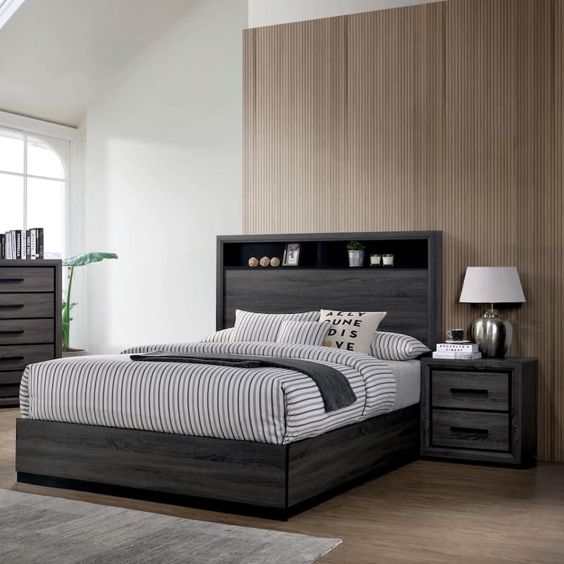 Rothwell Contemporary Grey Wood 3-Piece Panel Bedroom Set with Shelves by Furniture of America - Queen