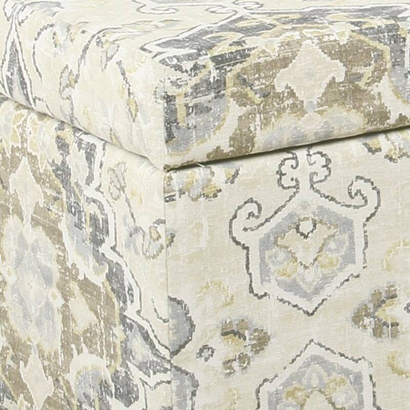 Medallion Print Fabric Upholstered Wooden Bench With Hinged Storage, Large, Brown and Cream