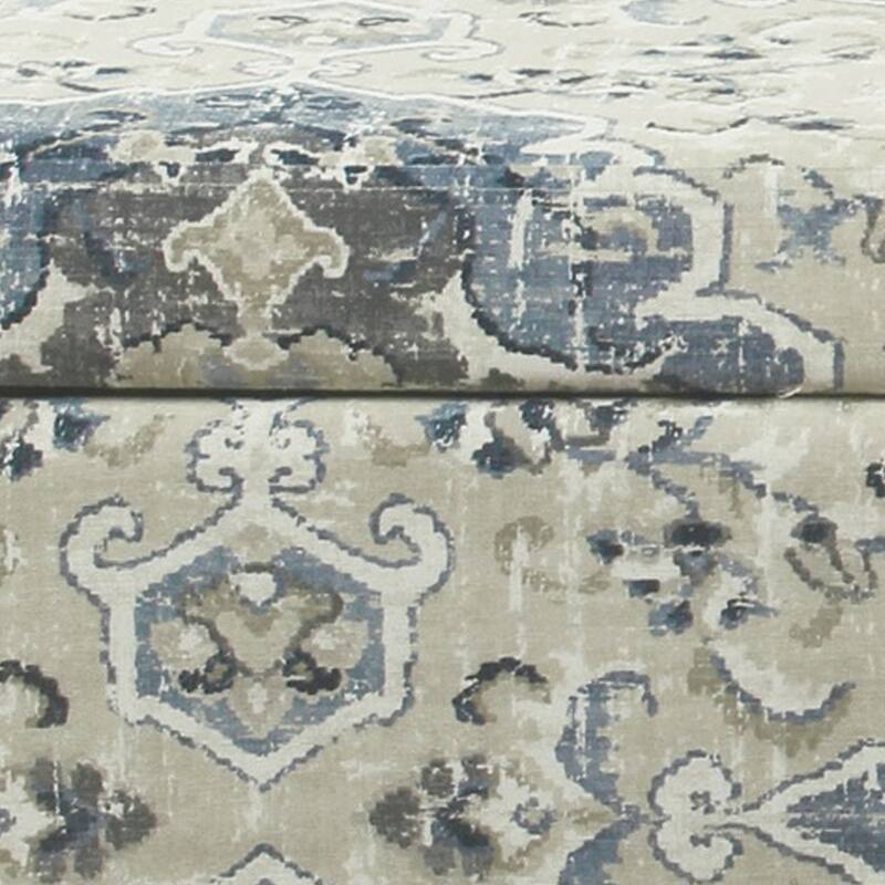 Medallion Print Fabric Upholstered Wooden Bench With Hinged Storage, Large, Blue and Cream