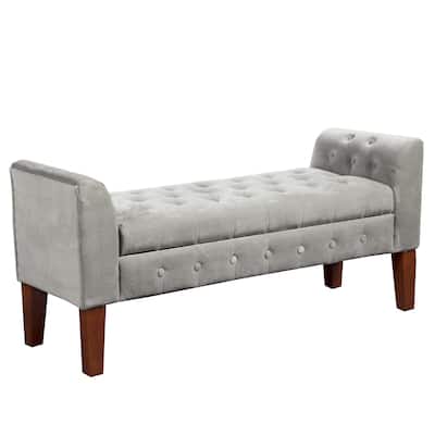 Velvet Upholstered Button Tufted Wooden Bench Settee With Hinged Storage, Gray and Brown