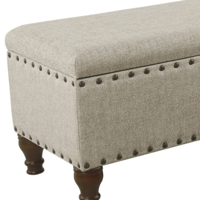Textured Fabric Upholstered Wooden Storage Bench With Nail head Trim, Large, Beige and Brown