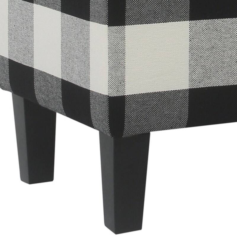 Checkered Pattern Fabric Upholstered Storage Bench With Tapered Wood Legs, Large, Black and White