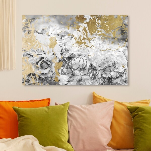 Oliver Gal 'Silver and Gold Camellias' Abstract Wall Art Canvas