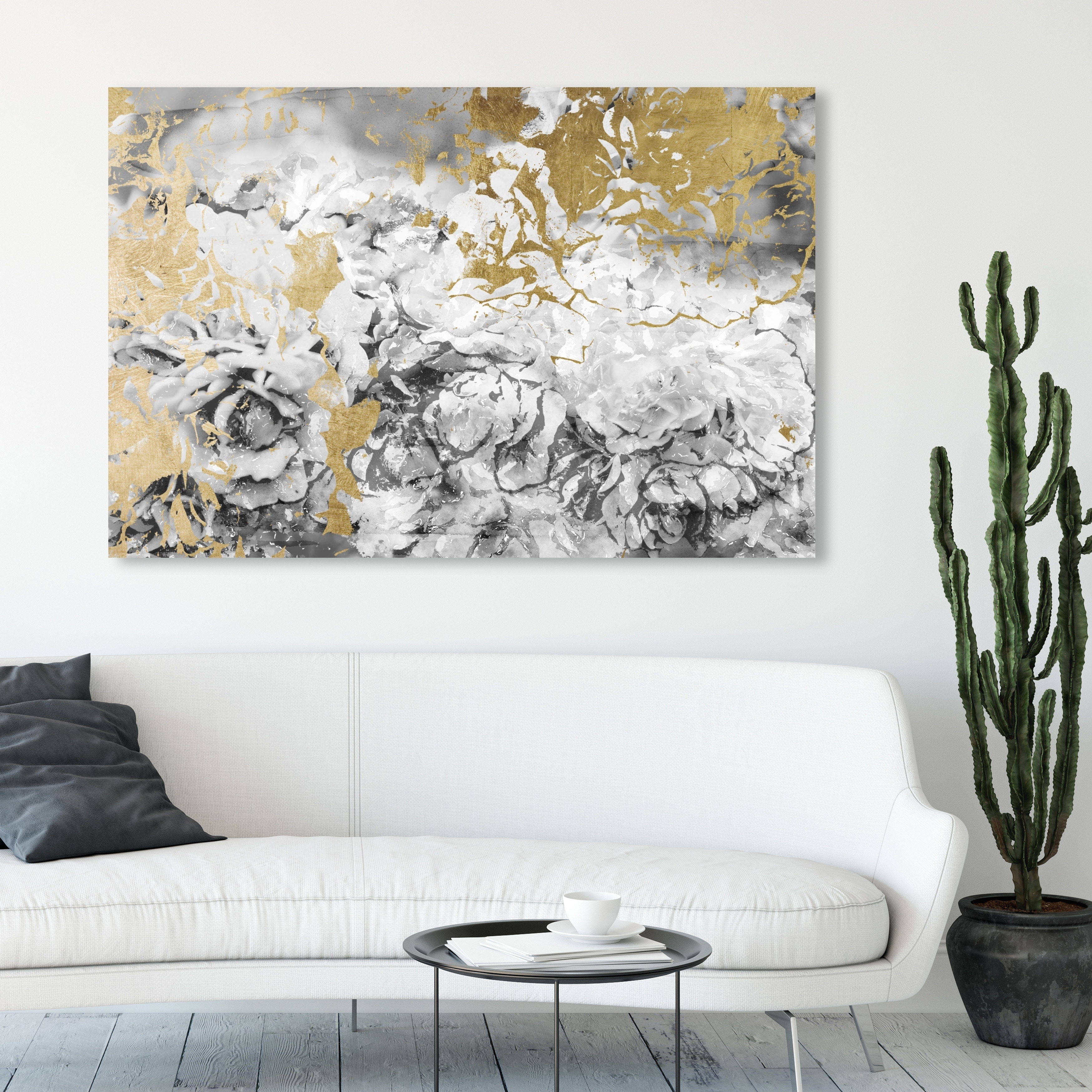Oliver Gal 'Silver and Gold Camellias' Abstract Wall Art Canvas Print -  Gray, Gold