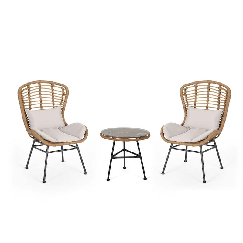 La Habra Boho 3-pc. Wicker Patio Chat Set by Christopher Knight Home - Light Brown+Black+Biege