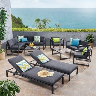 Navan Outdoor 9 Seater Aluminum Sectional Sofa Set with Mesh Chaise Lounges by Christopher Knight Home