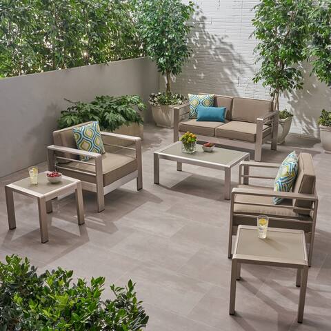 Cape Coral Outdoor 4 Seater Aluminum Chat Set with 2 Side Tables by Christopher Knight Home