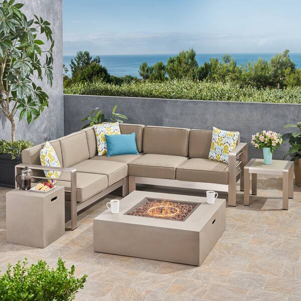 Cape Coral Outdoor 5 Seater Aluminum Chat Set with Fire Pit by