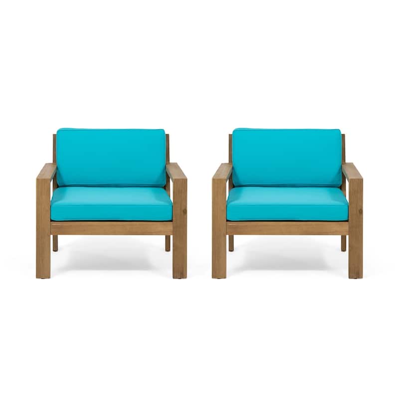 Santa Ana Outdoor Acacia Wood Club Chairs (Set of 2) by Christopher Knight Home - Brushed Light Brown Finish+Teal