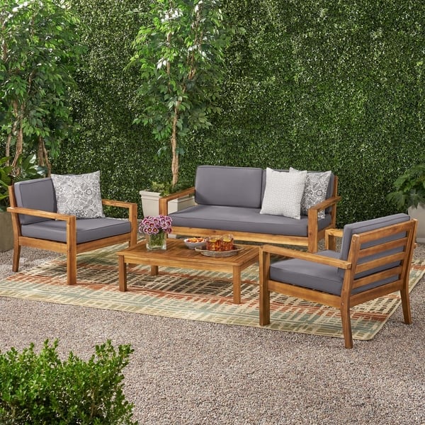 Santa Ana Outdoor 4 Seater Acacia Wood Chat Set With Cushions By Christopher Knight Home 28422798 Santa Ana Outdoor 4 Seater Acacia Wood