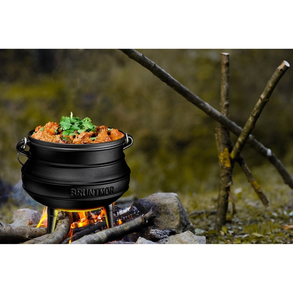 Bruntmor Pre-Seasoned Cast Iron Cauldron | African Potjie Pot with Lid | 3  Legs for Even Heat Distribution - Premium Camping Dutch oven Cookware for