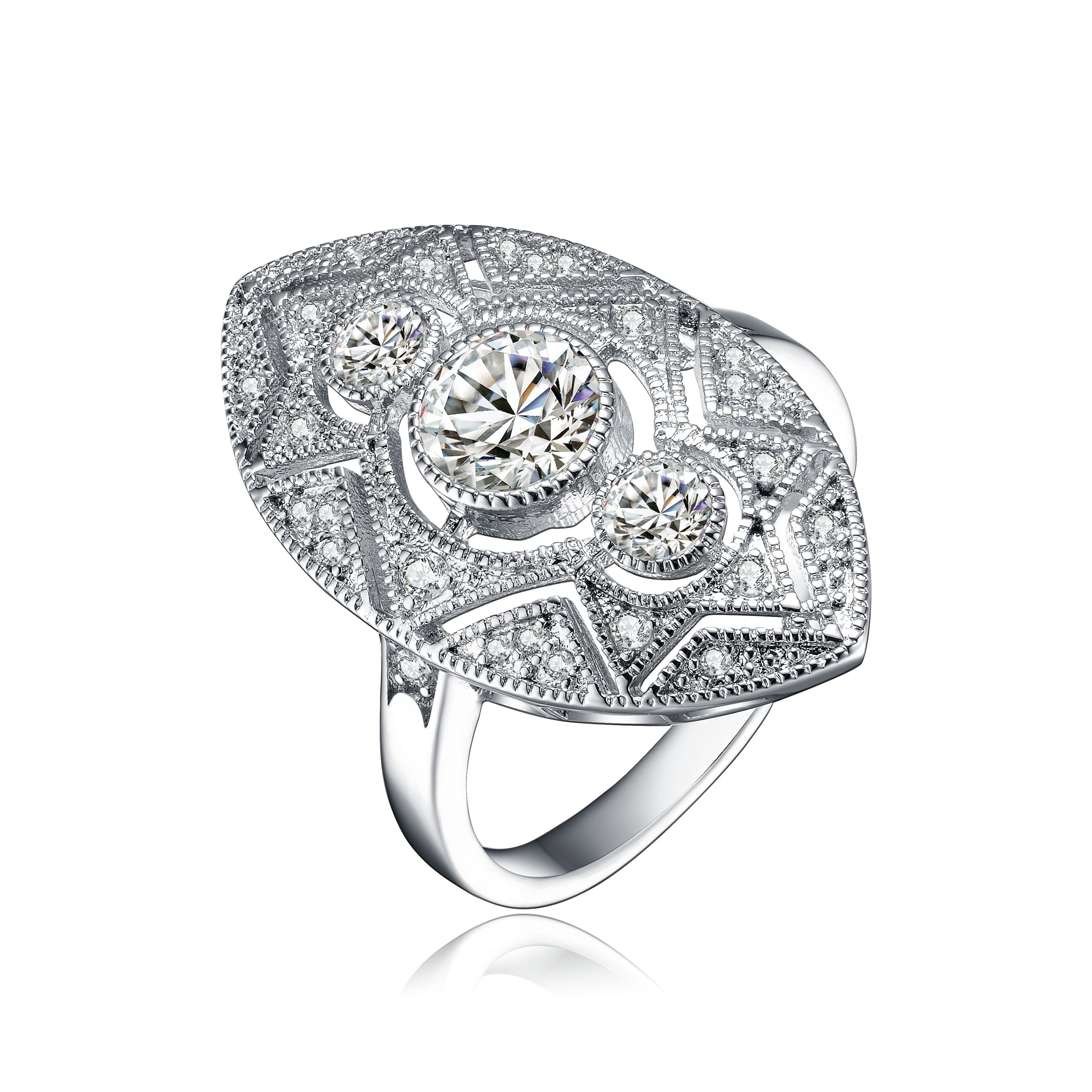 Three Graduated Clear Cubic Zirconia inlay Circle Ring Rhodium Plated Sterling Silver