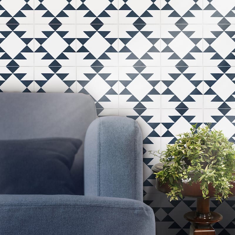 Handmade Rissani in White-Navy Blue Tile, Pack of 12 (Morocco)