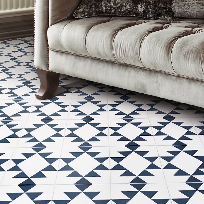 Handmade Rissani in White-Navy Blue Tile, Pack of 12 (Morocco)