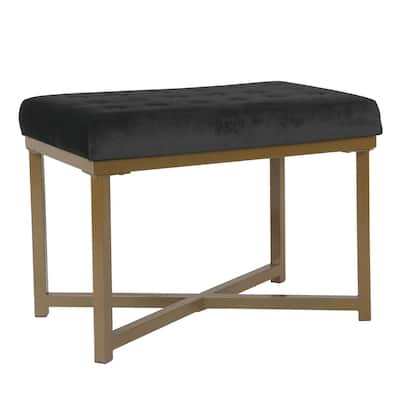 Metal Framed Ottoman with Button Tufted Velvet Upholstered Seat, Black and Gold