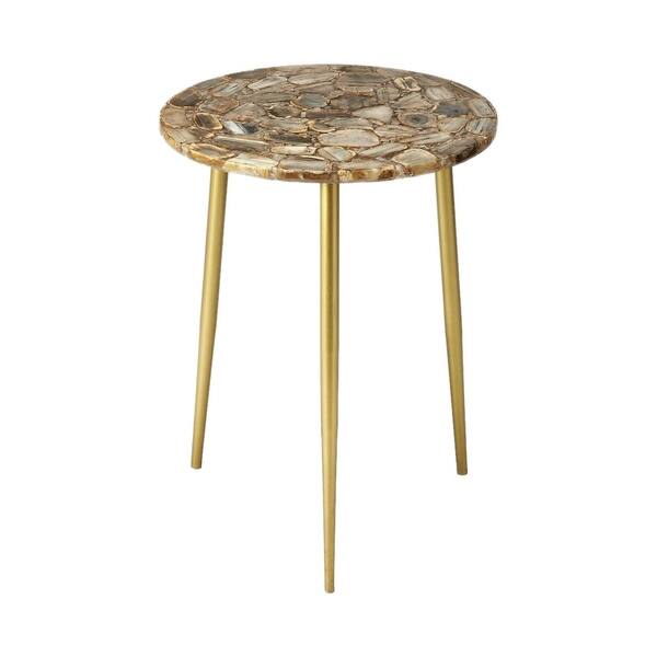 Modern Round End Table With Agate Fossil Stone Top And Iron Leg Multicolor