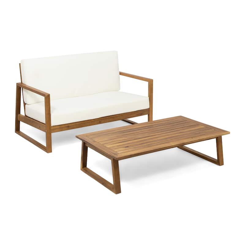 Belgian Outdoor Acacia Wood Chat Set by Christopher Knight Home - Teak Finish+Beige