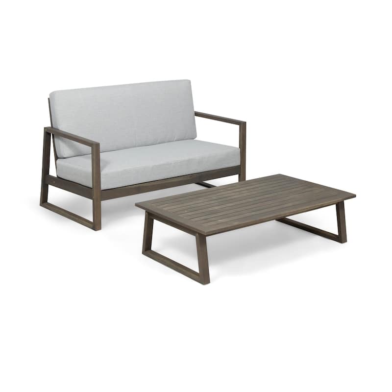 Belgian Outdoor Acacia Wood Chat Set by Christopher Knight Home - Gray Finish+Light Gray