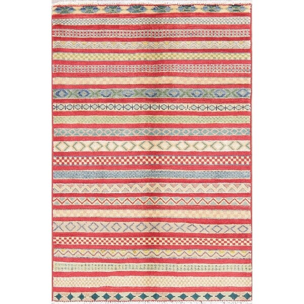 Kazak Stripe Oriental Hand Knotted Wool Pakistani Area Rug - 4'0" x 2'8"