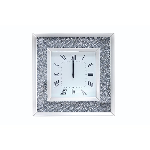 Faux Crystal Inlaid Mirrored Analog Wall Clock with Wooden Backing, Clear