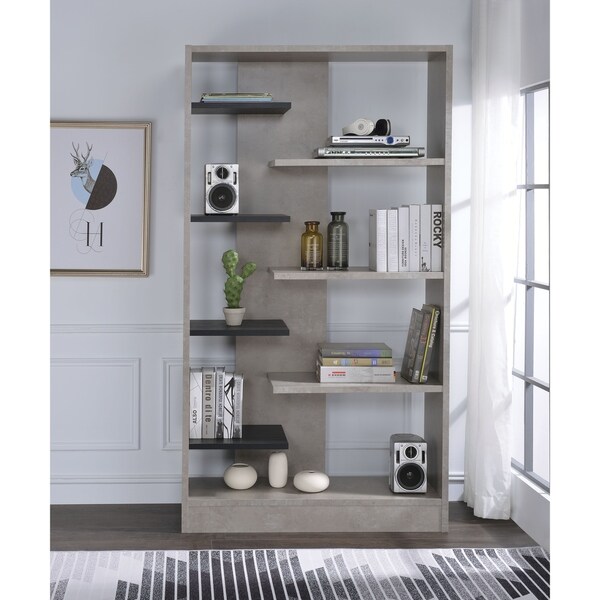 Shop Faux Concrete Wooden Bookcase with Open Shelves, Gray and Black