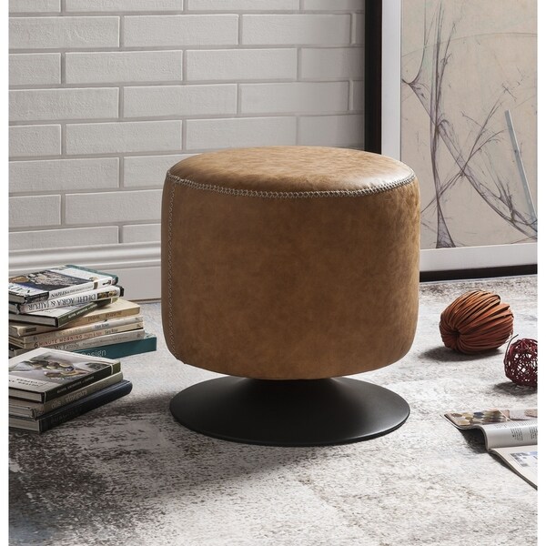 Leatherette Upholstered Swivel Ottoman With Round Metal Base Caramel Brown And Black