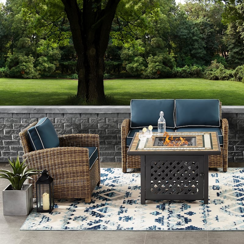 Crosley Bradenton 3 Piece Outdoor Wicker Seating Set With Navy Cushions - 92.63 "W x 84.5 "D x 32.5 "H