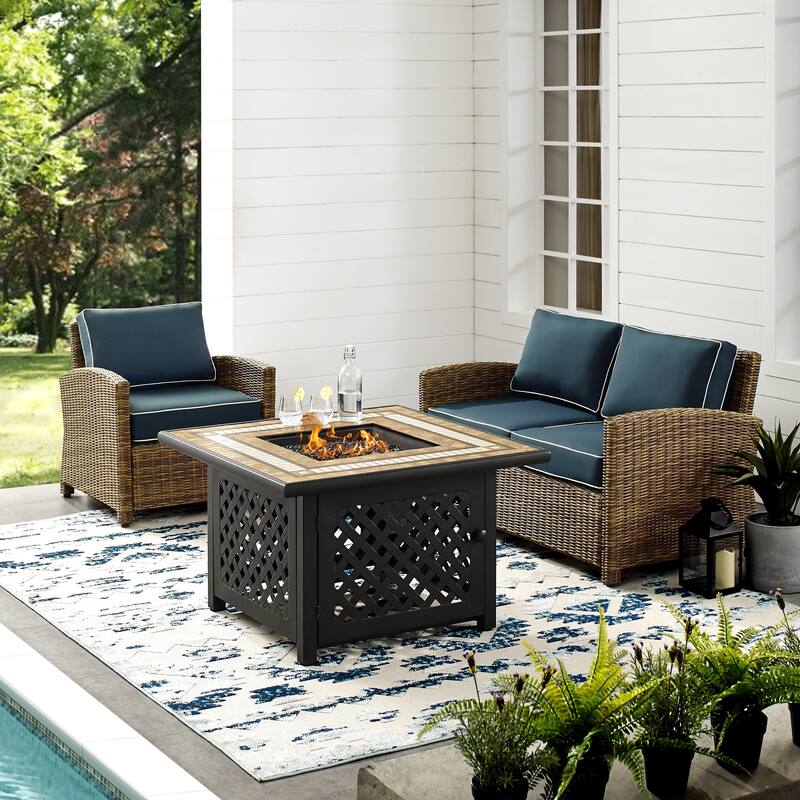 Crosley Bradenton 3 Piece Outdoor Wicker Seating Set With Navy Cushions - 92.63 "W x 84.5 "D x 32.5 "H