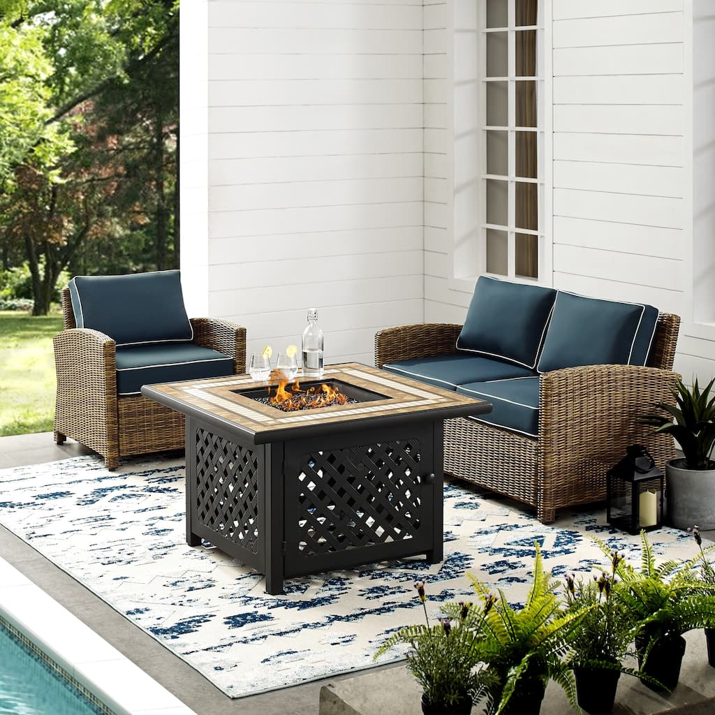 Crosley Bradenton 3 Piece Outdoor Wicker Seating Set With Navy Cushions - 92.63 "W x 84.5 "D x 32.5 "H