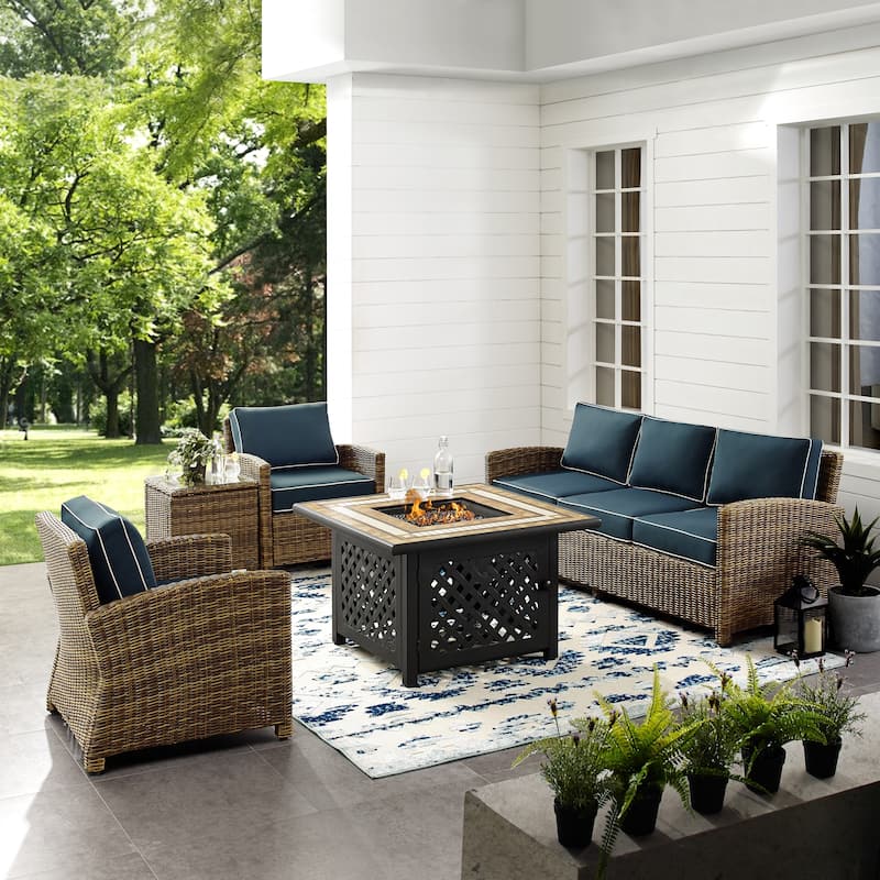 Crosley Bradenton 5-Piece Outdoor Wicker Sofa Conversation Set With Navy Cushions - 107"d x 140"w x 32.5"h