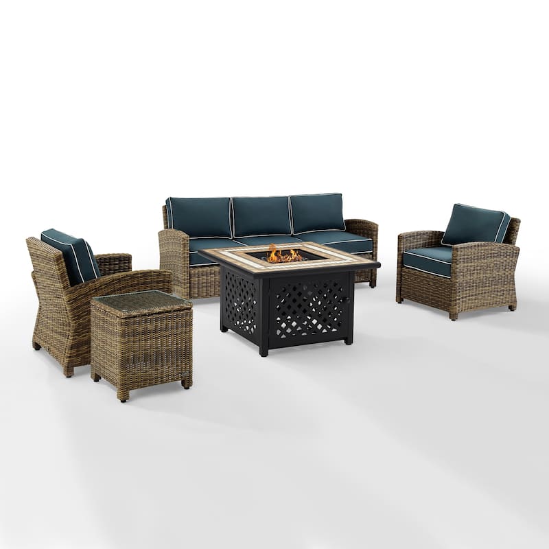 Crosley Bradenton 5-Piece Outdoor Wicker Sofa Conversation Set With Navy Cushions - 107"d x 140"w x 32.5"h