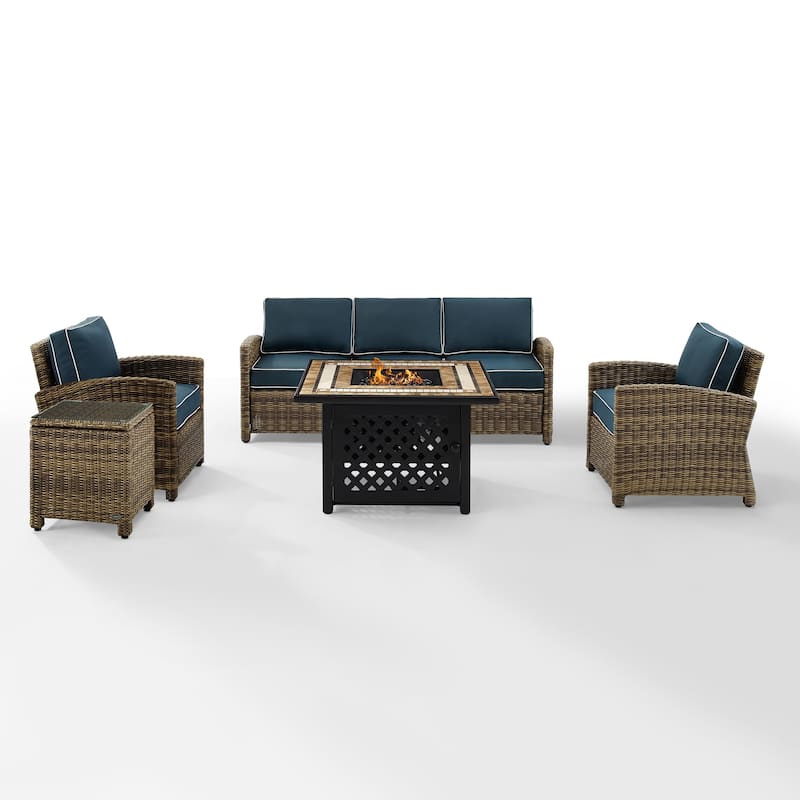 Crosley Bradenton 5-Piece Outdoor Wicker Sofa Conversation Set With Navy Cushions - 107"d x 140"w x 32.5"h
