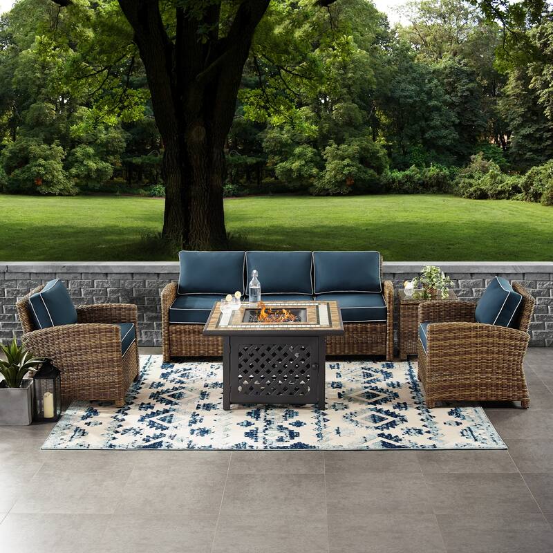 Crosley Bradenton 5-Piece Outdoor Wicker Sofa Conversation Set With Navy Cushions - 107"d x 140"w x 32.5"h