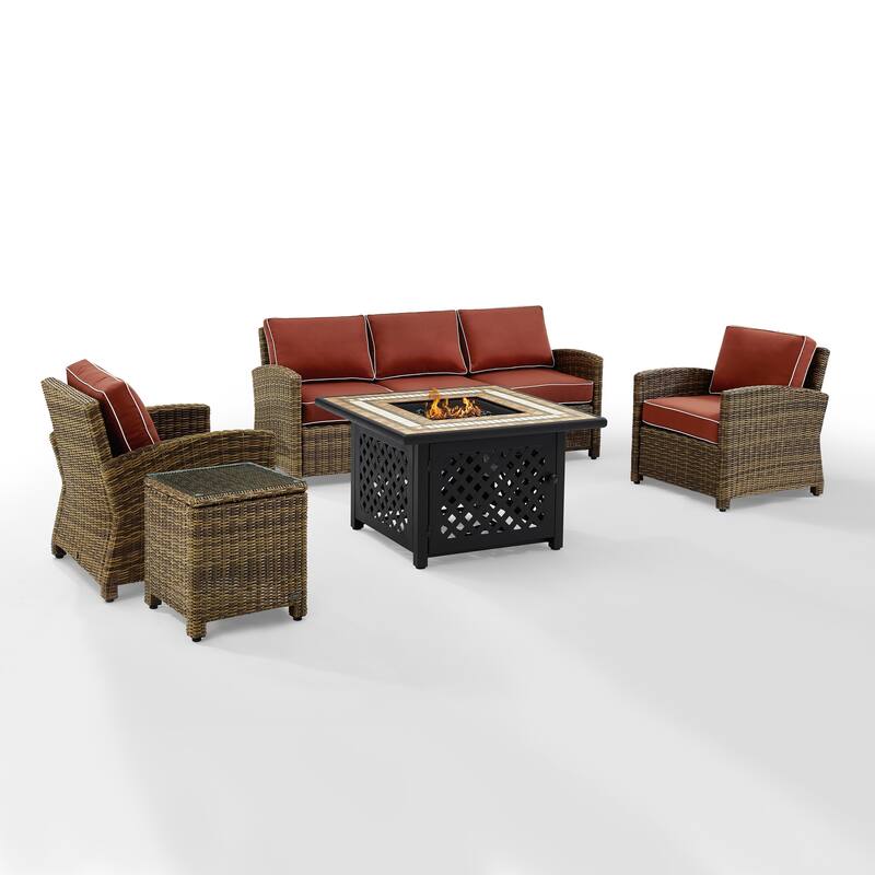 Crosley Bradenton 5-Piece Outdoor Wicker Sofa Conversation Set With Sangria Cushions - 94.5 "W x 94.5 "D x 32.5 "H