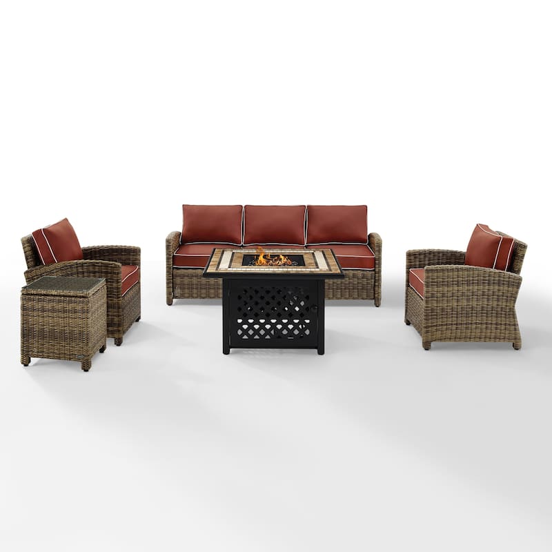 Crosley Bradenton 5-Piece Outdoor Wicker Sofa Conversation Set With Sangria Cushions - 94.5 "W x 94.5 "D x 32.5 "H