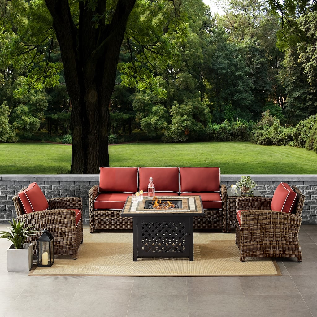 Crosley Bradenton 5-Piece Outdoor Wicker Sofa Conversation Set With Sangria Cushions - 94.5 "W x 94.5 "D x 32.5 "H