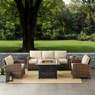 Crosley Bradenton 5-Piece Outdoor Wicker Sofa Conversation Set With Sand Cushions - 94.5 "W x 94.5 "D x 32.5 "H