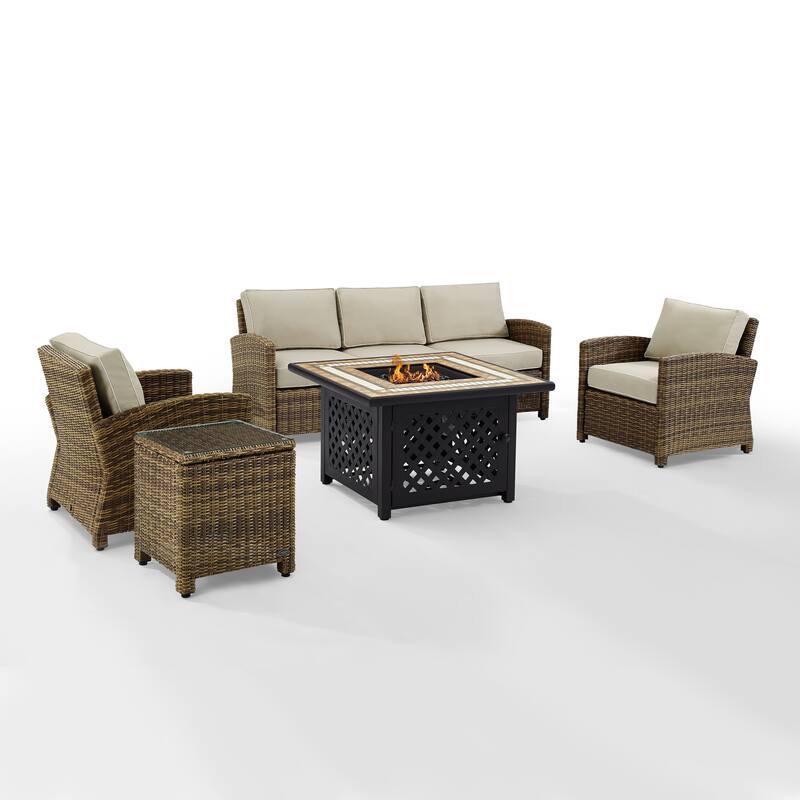 Crosley Bradenton 5-Piece Outdoor Wicker Sofa Conversation Set With Sand Cushions - 94.5 "W x 94.5 "D x 32.5 "H