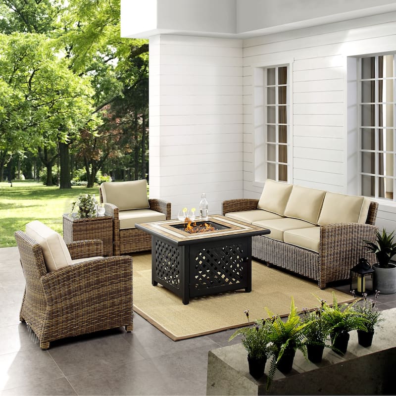 Crosley Bradenton 5-Piece Outdoor Wicker Sofa Conversation Set With Sand Cushions - 94.5 "W x 94.5 "D x 32.5 "H