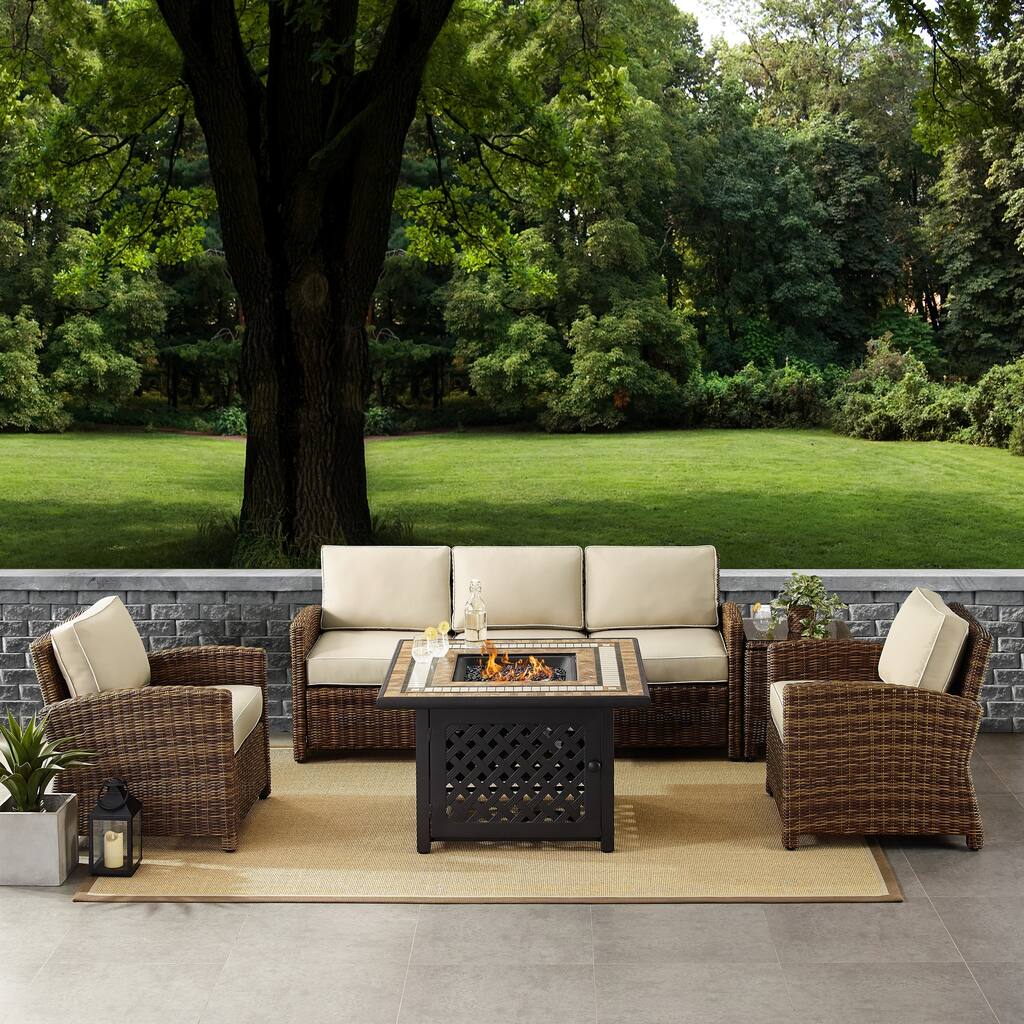 Crosley Bradenton 5-Piece Outdoor Wicker Sofa Conversation Set With Sand Cushions - 94.5 "W x 94.5 "D x 32.5 "H