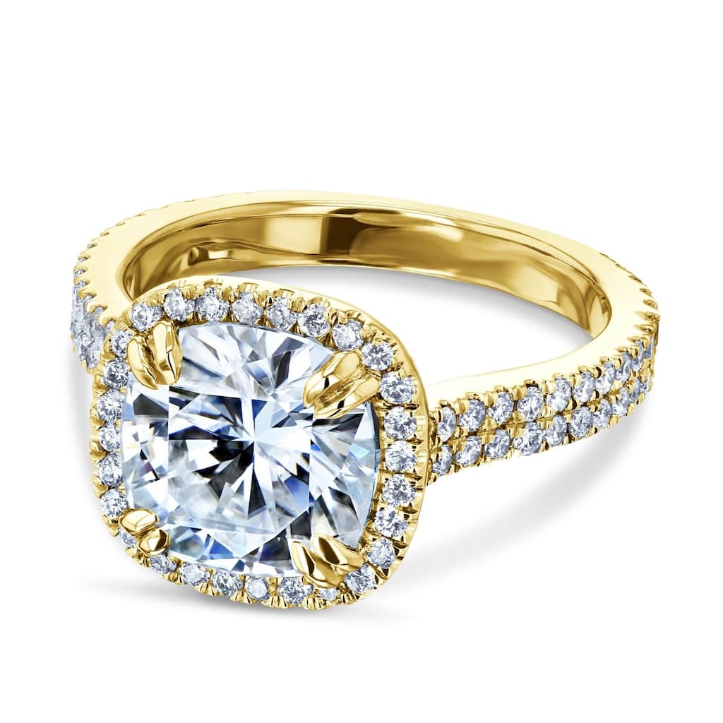 Kobelli 3.45 Carats Moissanite & Natural Diamond 14k Solid Gold Cushion Halo Near Eternity Dual Band Maya Engagement Ring