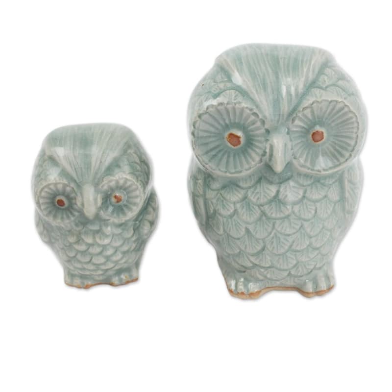 Handmade Little Light Blue Owls Celadon Ceramic Figurines (Thailand) - N/A