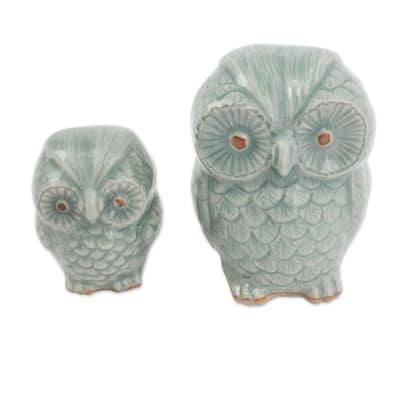 Handmade Little Light Blue Owls Celadon Ceramic Figurines (Thailand)