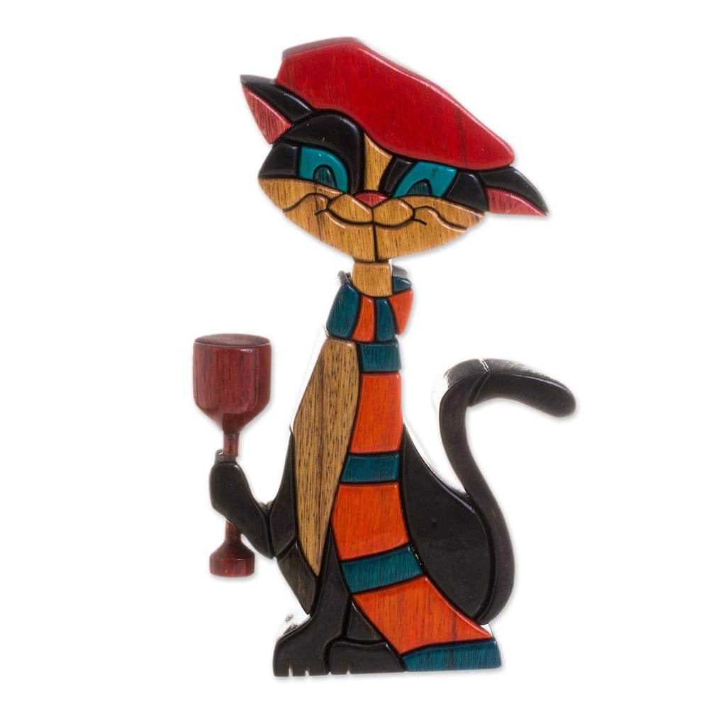 Handmade Parisian Cat Wood Sculpture (Peru)