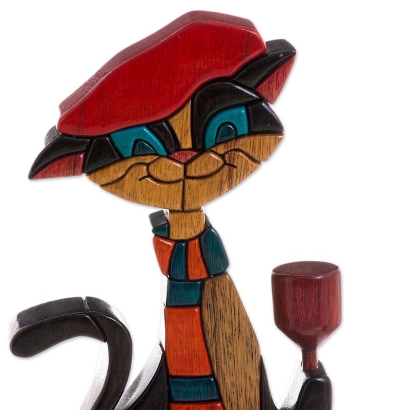 Handmade Parisian Cat Wood Sculpture (Peru)