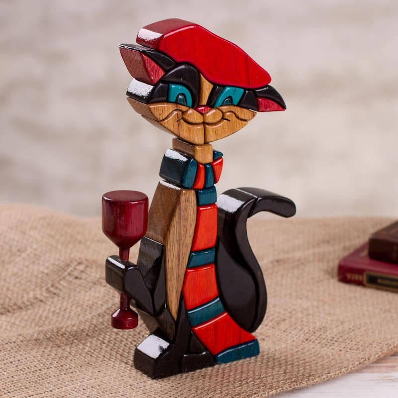 Handmade Parisian Cat Wood Sculpture (Peru)
