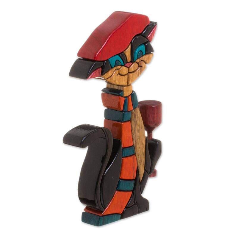 Handmade Parisian Cat Wood Sculpture (Peru)