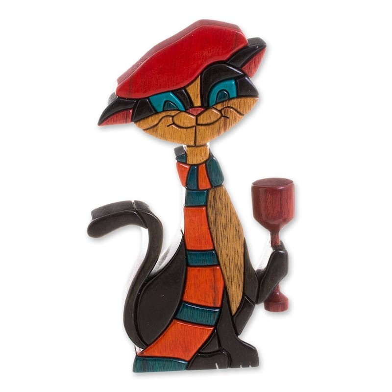 Handmade Parisian Cat Wood Sculpture (Peru)