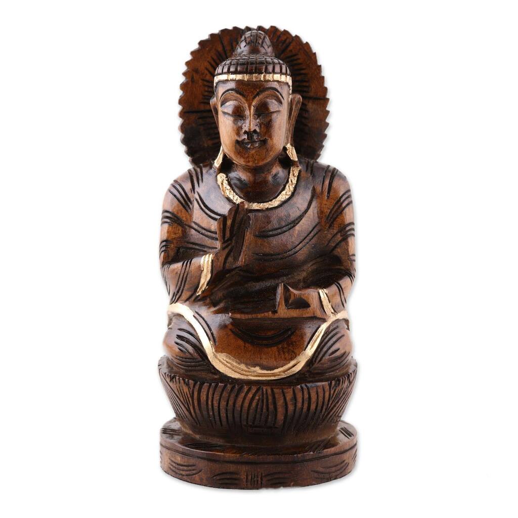 Handmade Leading Buddha Wood Statuette (India)